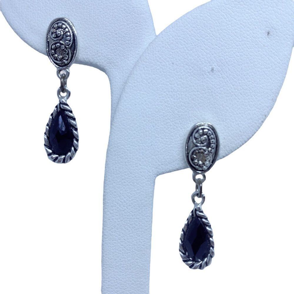 Black Teardrop Dangle Drop Silvertone Retro Style Earrings